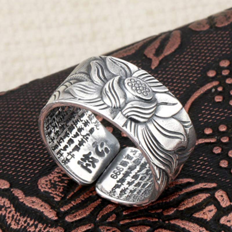 Buddha Stones 999 Srebrny Pierścień Ochronny Symbol Lotosu Sutra Serca