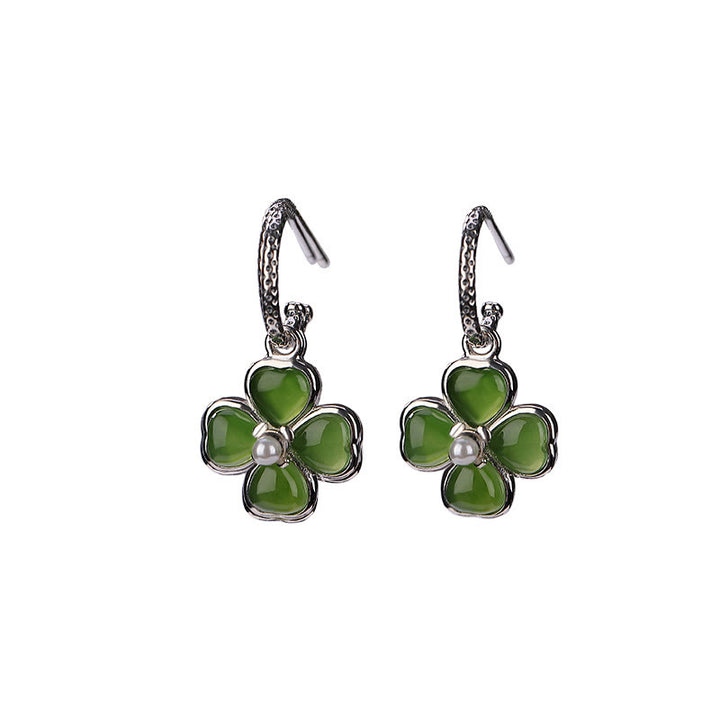 Kolczyki Buddha Stones 925 Sterling Silver Natural Cyan Jade Four Leaf Clover Luck Success