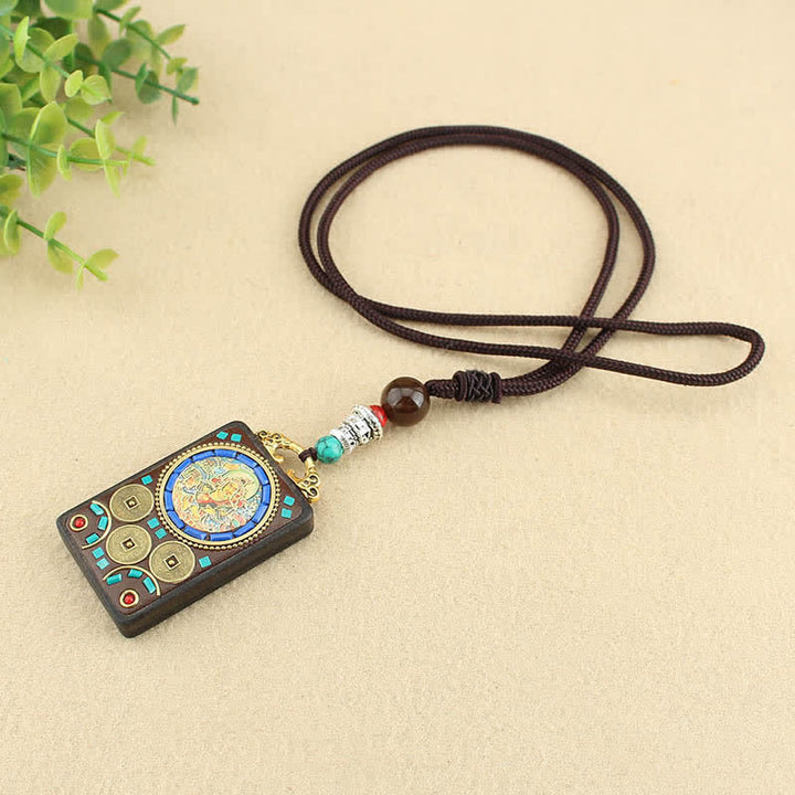 Buddha Stones Tybet Bóg Bogactwa Thangka Ebony Naszyjnik Pokój Wisiorek