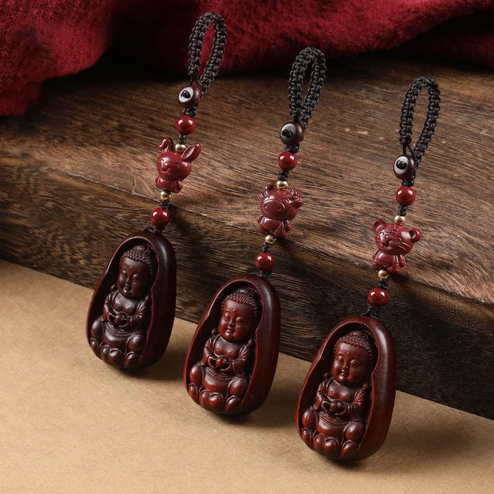 Buddha Stones Mały liść Czerwony Sandałowiec Budda Cynober Chiński Zodiak Amulet Ochrona Brelok
