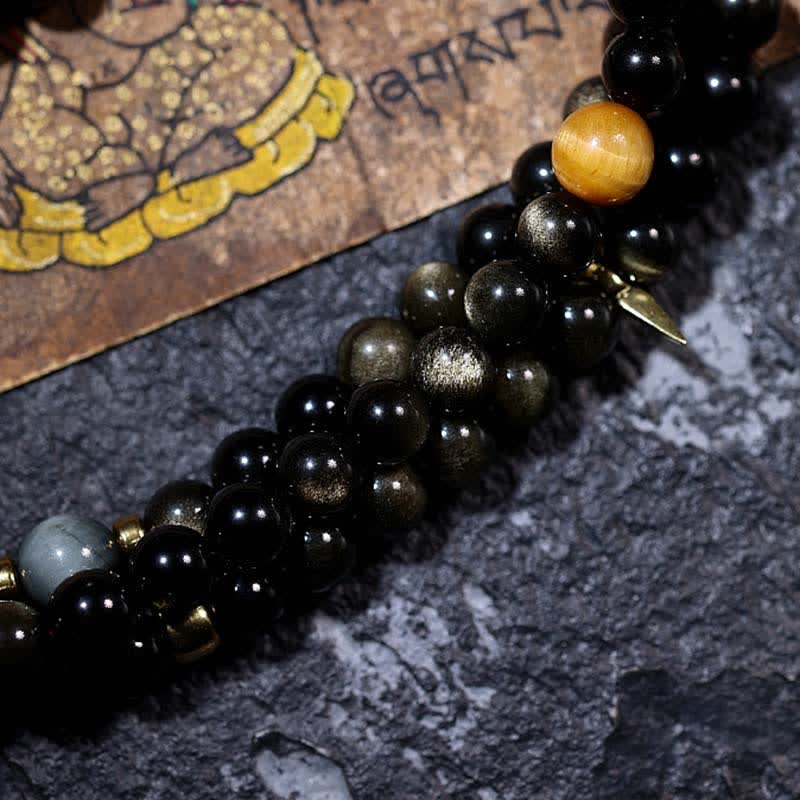 Buddha Stones 108 Mala Beads Złoty połysk Obsydian Tygrysie Oko Orle Oko Kamień Bransoletka Bogactwa