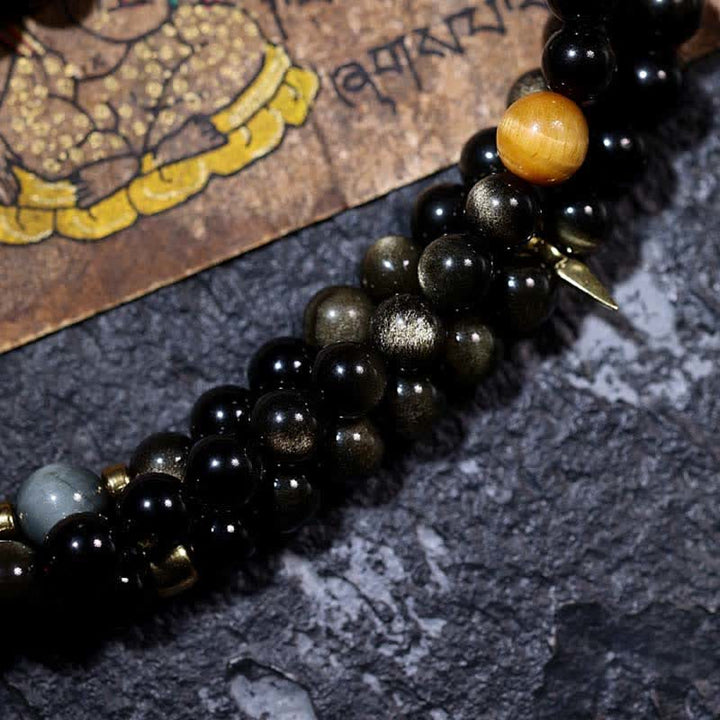 Buddha Stones 108 Mala Beads Złoty połysk Obsydian Tygrysie Oko Orle Oko Kamień Bransoletka Bogactwa