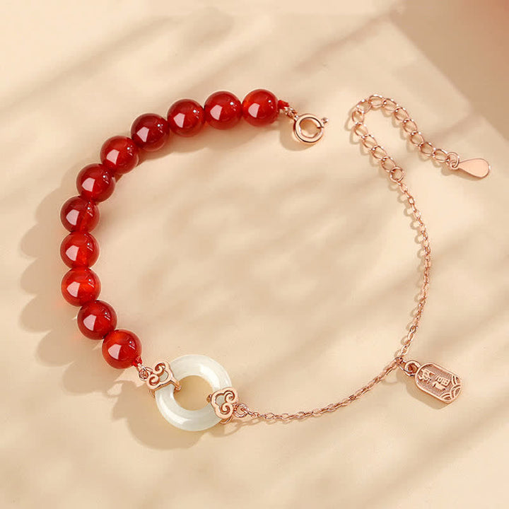 Buddha Stones 925 Sterling Silver Natural Red Agat White Jade Peace Buckle Confidence