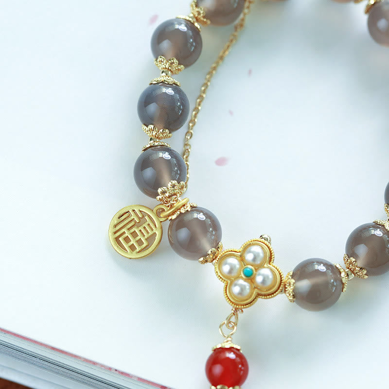 Bransoletka z pereł Fu Character Tassel Balance z Buddha Stones w kolorze szarym i agatem