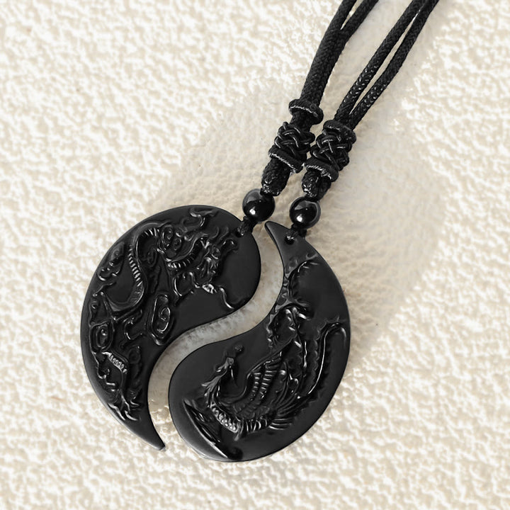 Buddha Stones Czarny Obsydian Yin Yang Smok Feniks Szczęście Naszyjnik Wisiorek - image 6