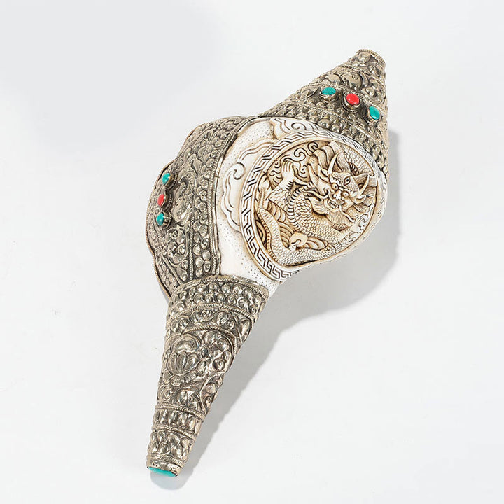 Tybetańska naturalna muszla Shankha Conch Shell Seashell Wealth szczęśliwa dekoracja domu - Rzeźbiony smok 26,5*14 cm - image 18