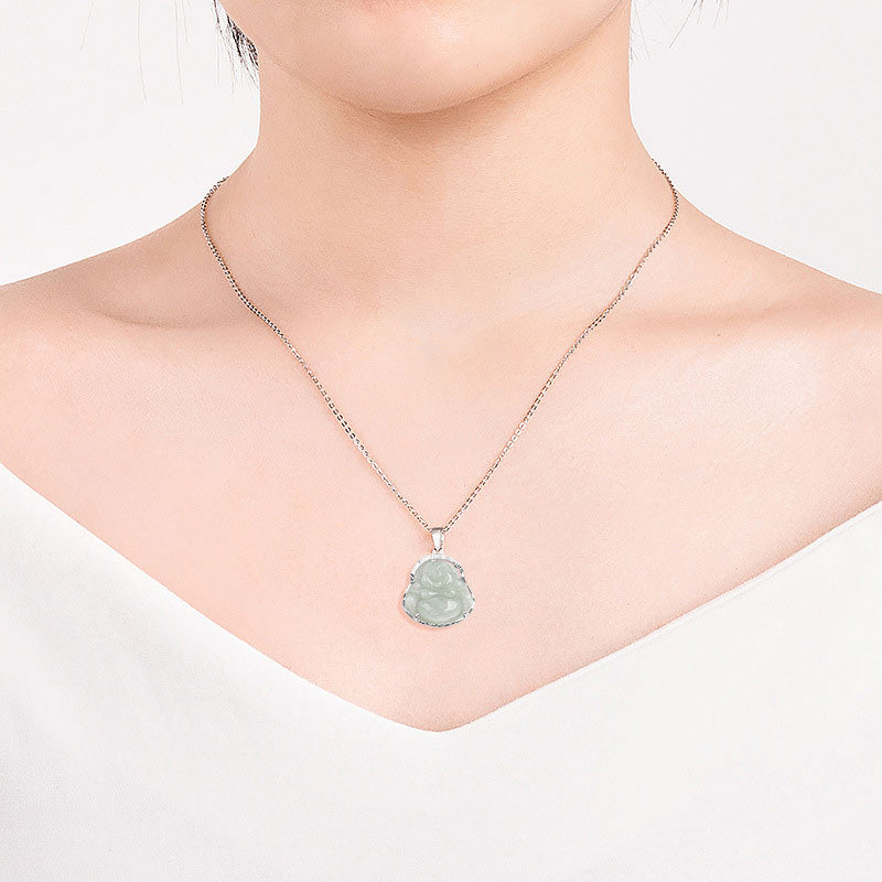 Buddha Stones Śmiejący się Budda Jadeit Szczęście Spokój Tytanowa stalowa zawieszka łańcuszkowa - image 2