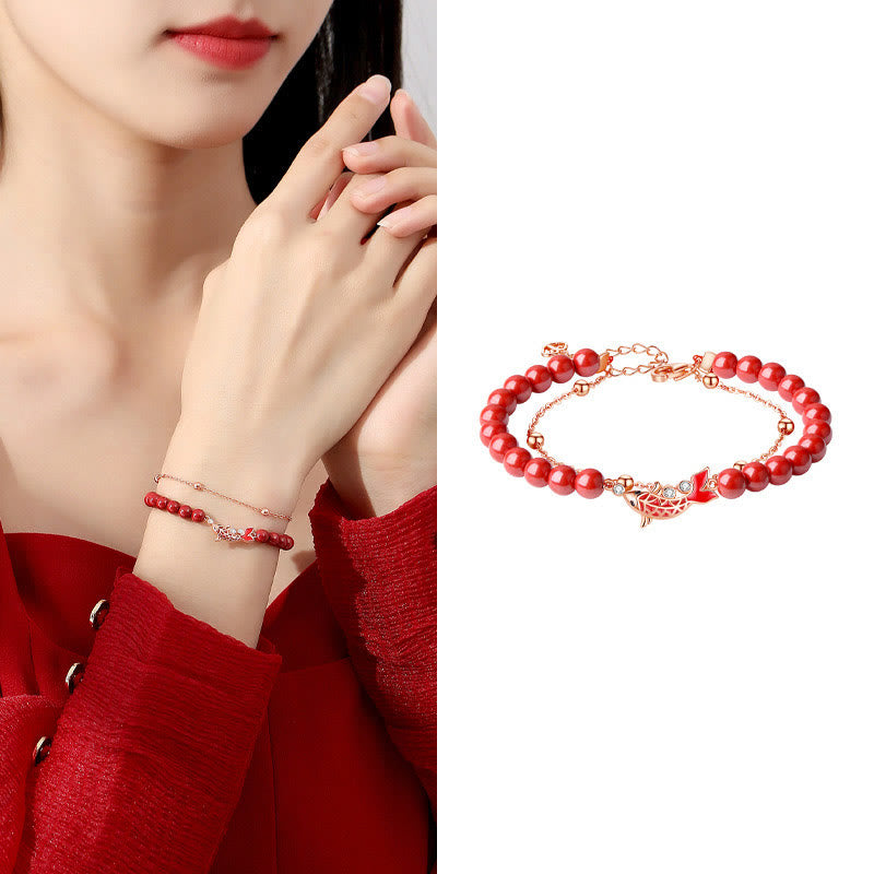 Bransoletka z podwójnym łańcuszkiem Buddha Stones 925 Sterling Silver Lucky Koi Fish Cinnabar Zircon Prosperity