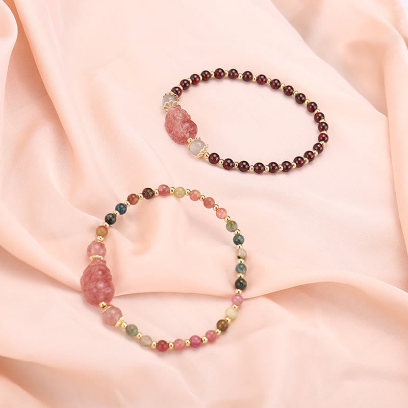Bransoletka ochronna z Buddha Stones , naturalnym turmalinem, granatem i kwarcem truskawkowym PiXiu Moonstone