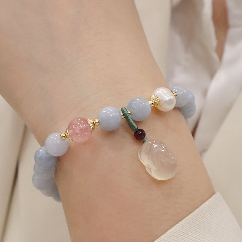 Buddha Stones Naturalny Akwamaryn Chalcedon Spokój Królik Tykwa Kot Bransoletka z zawieszkami - Akwamaryn Chalcedon Królik - image 2