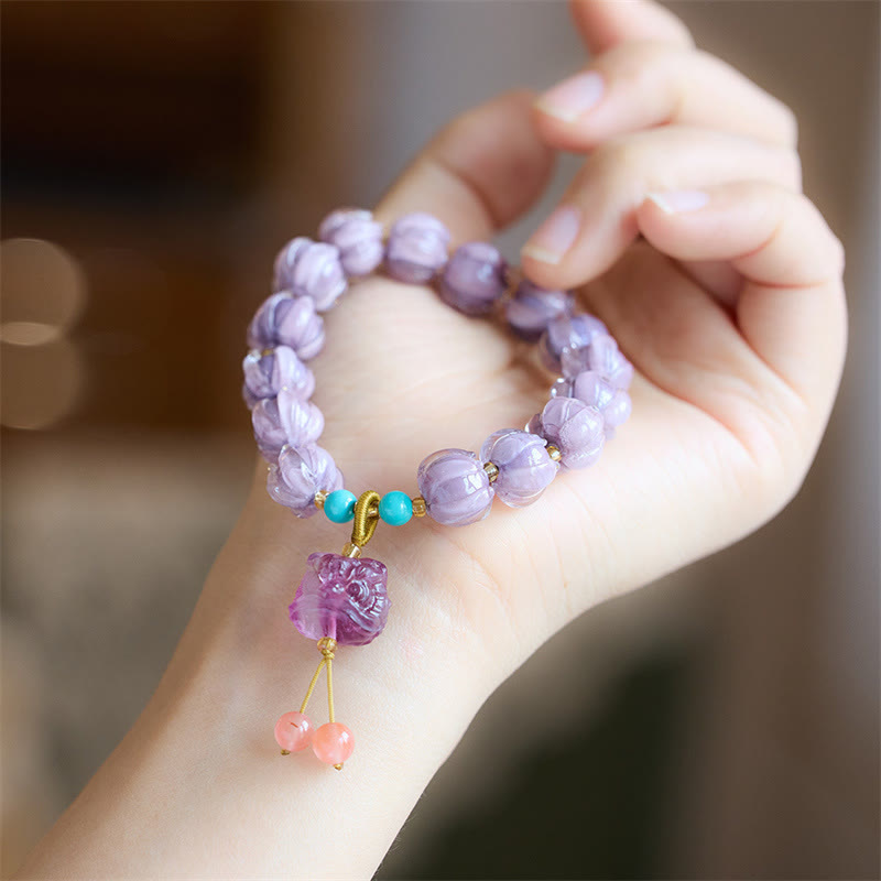 Buddha Stones Liuli Szklane Koraliki Lotos Projekt Fluoryt Kość Słoniowa Owoc Tańczący Lew Charm Bransoletka Oświecenia