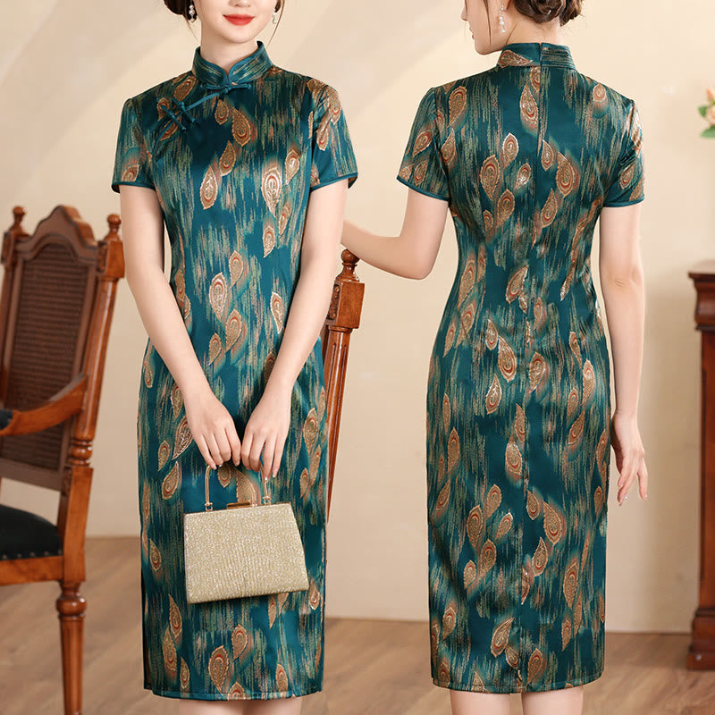 Buddha Stones Retro Kwiat Lotos Piwonia Pióro Druk Qipao Sukienka Damska Cheongsam Sukienka - Zielone pióro - US16, UK/AU20, EU48 (5XL) - image 19