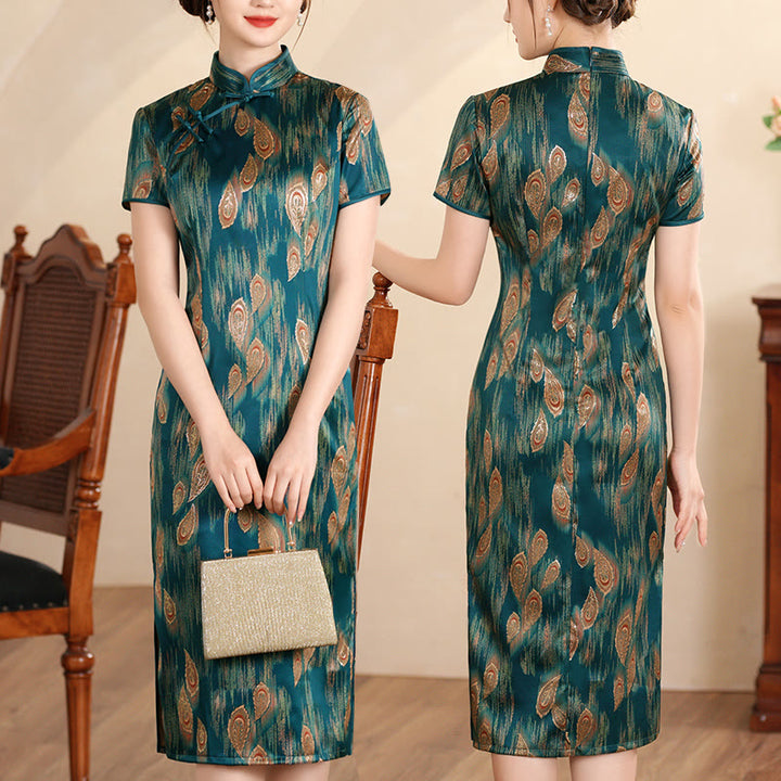 Buddha Stones Retro Kwiat Lotos Piwonia Pióro Druk Qipao Sukienka Damska Cheongsam Sukienka - Zielone pióro - US16, UK/AU20, EU48 (5XL) - image 19