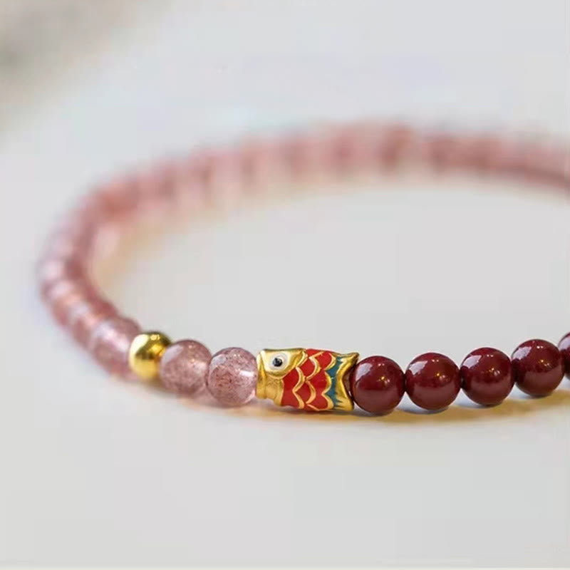 Buddha Stones Naturalny Kwarc Truskawkowy Cynober Lucky Koi Fish Healing Bransoletka