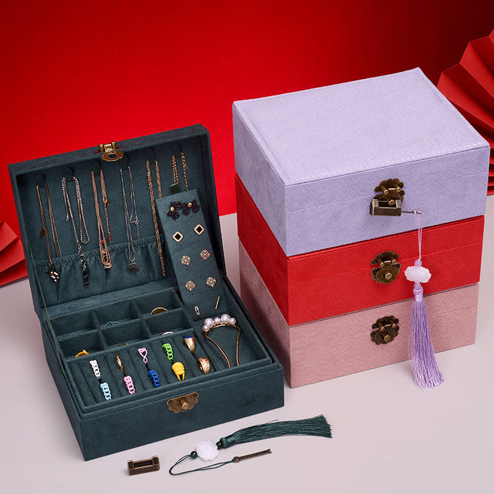Buddha Stones Prosty Design Organizer na biżuterię Dwuwarstwowe pudełko do przechowywania biżuterii Flanelowe pudełko z zamkiem - image 1