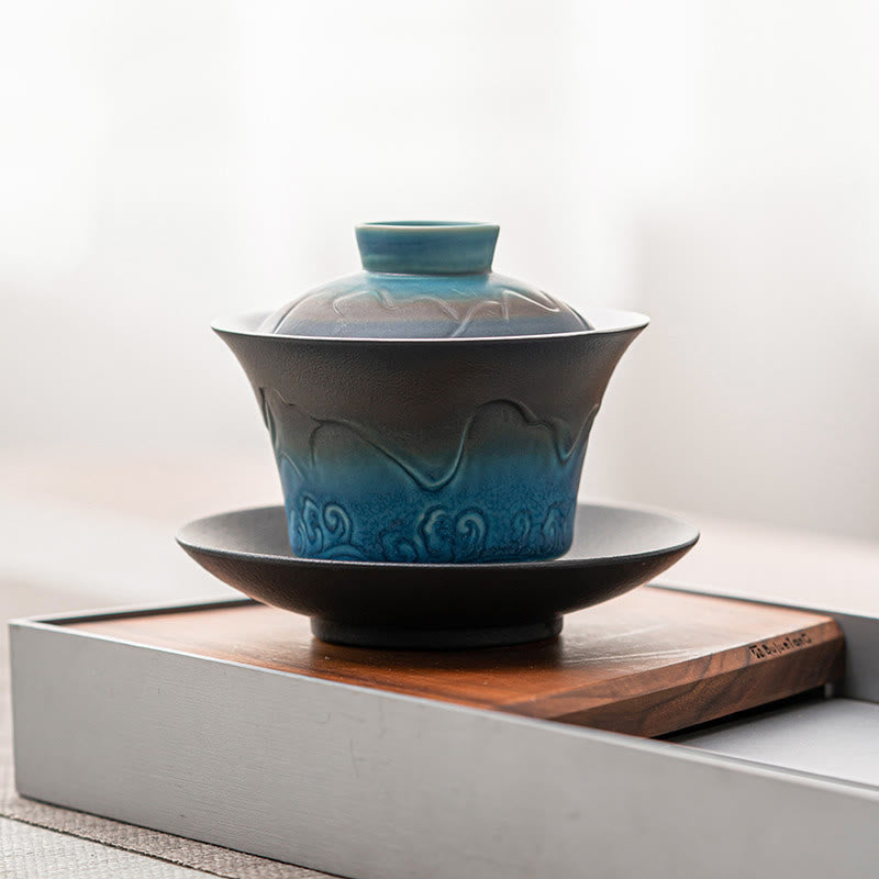 Buddha Stones Retro Niebieski Ocean Fale Morskie Gradient Ceramiczny Gaiwan Sancai Filiżanka Kung Fu Filiżanka I Spodek Z Pokrywką