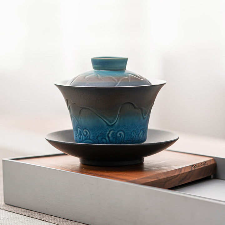 Buddha Stones Retro Niebieski Ocean Fale Morskie Gradient Ceramiczny Gaiwan Sancai Filiżanka Kung Fu Filiżanka I Spodek Z Pokrywką