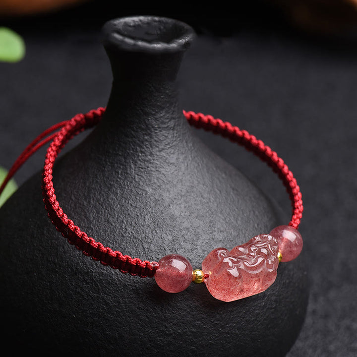 Buddha Stones Naturalny Kwarc Truskawkowy PiXiu Bransoletka Szczęścia Czerwony Sznurek