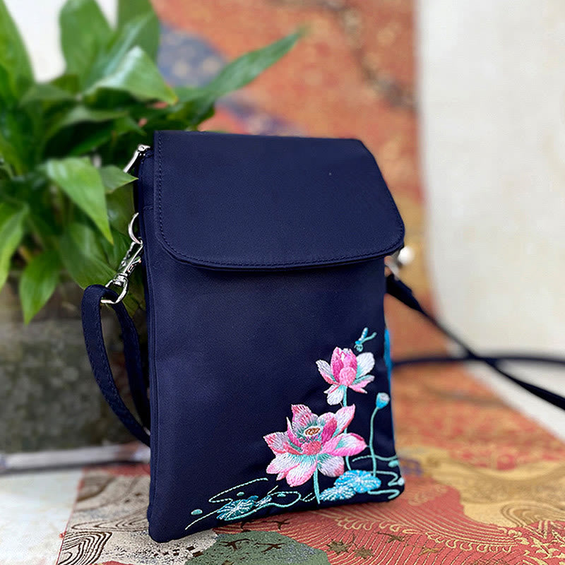 Buddha Stones Wodoodporna Ręcznie Haftowane Kwiaty Lotosu Torba Crossbody Torba Na Ramię Torba Na Telefon Komórkowy