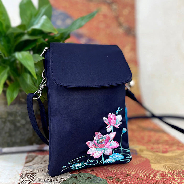 Buddha Stones Wodoodporna Ręcznie Haftowane Kwiaty Lotosu Torba Crossbody Torba Na Ramię Torba Na Telefon Komórkowy