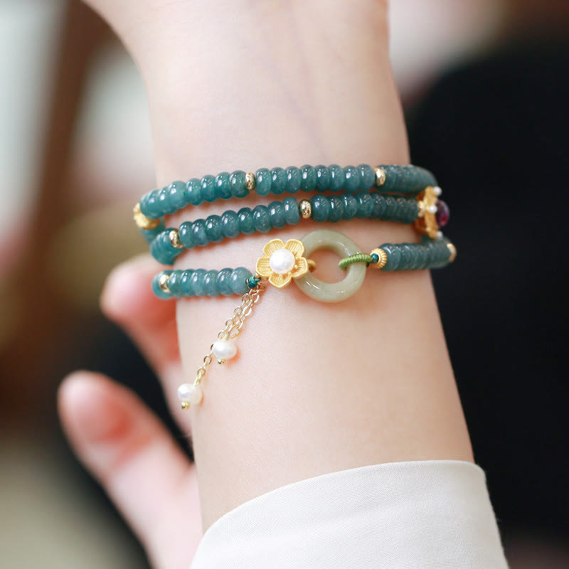 Buddha Stones 925 Srebro próby 925 Pozłacane Cyan Jade Flower Peace Buckle Bransoletka Success Triple Wrap