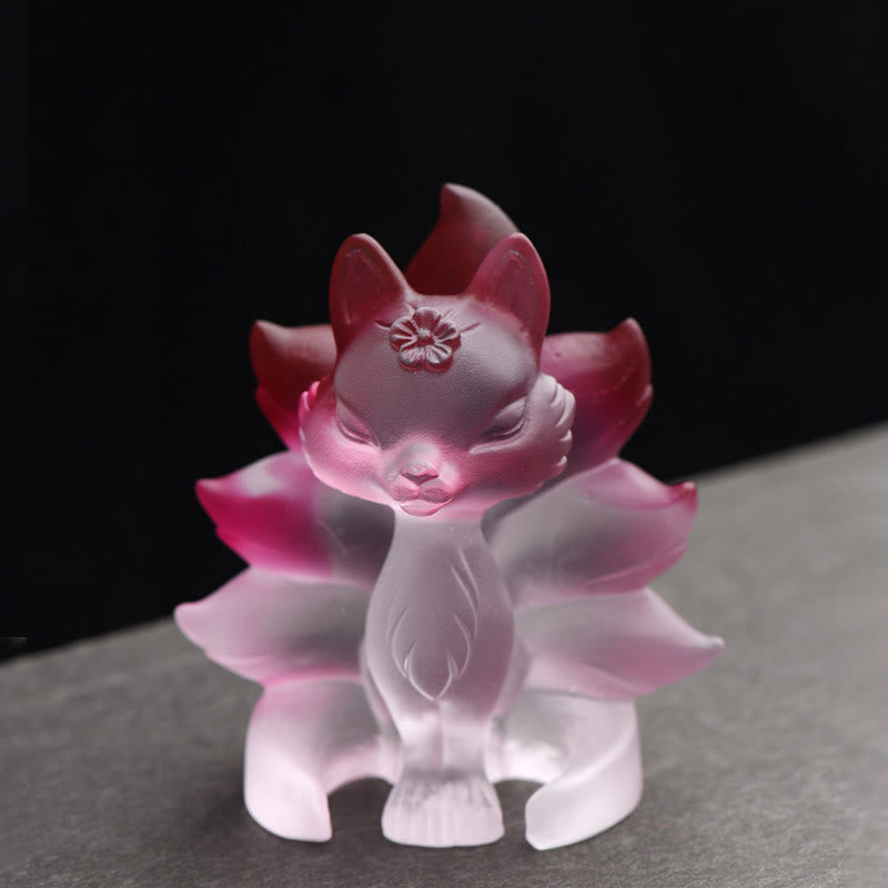 Buddha Stones Mały Dziewięcioogonowy Lis Sukces Siła Domowa Figurka Dekoracja - Różowo-biały - Średni 80*75*55mm - image 4