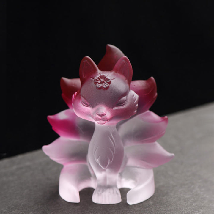 Buddha Stones Mały Dziewięcioogonowy Lis Sukces Siła Domowa Figurka Dekoracja - Różowo-biały - Średni 80*75*55mm - image 4
