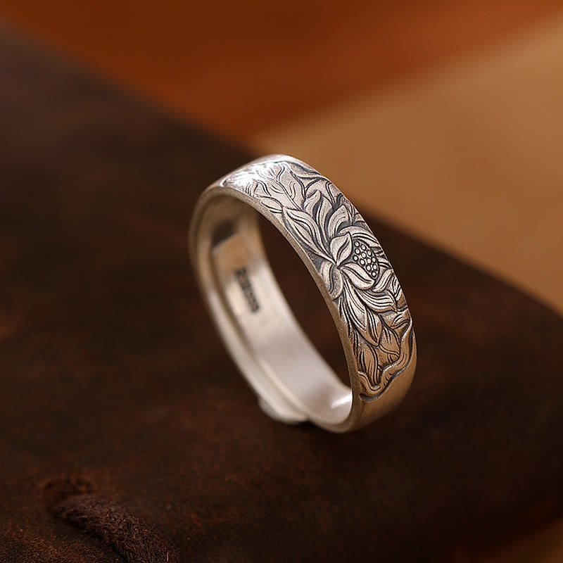Buddha Stones 999 Srebro Sterling Kwiat Lotosu Śliwka Kwiat Pomyślne Chmury Grawerowany Pierścień Oświecenia