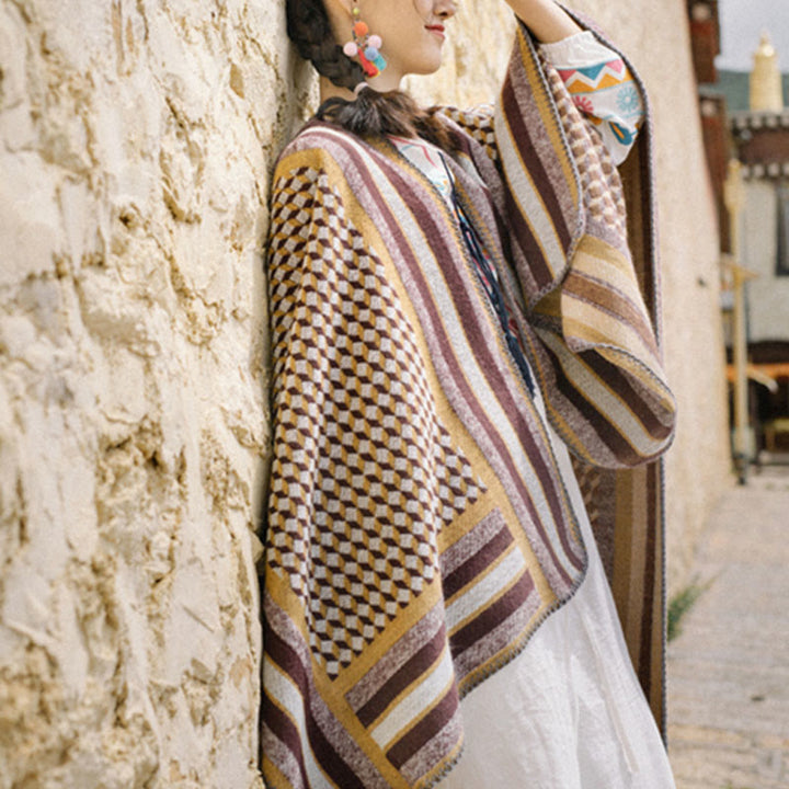 Buddha Stones Tybetański Szal Klasyczny Wzór Zimowy Przytulny Ciepły Szalik Podróżny Otulacz - image 12