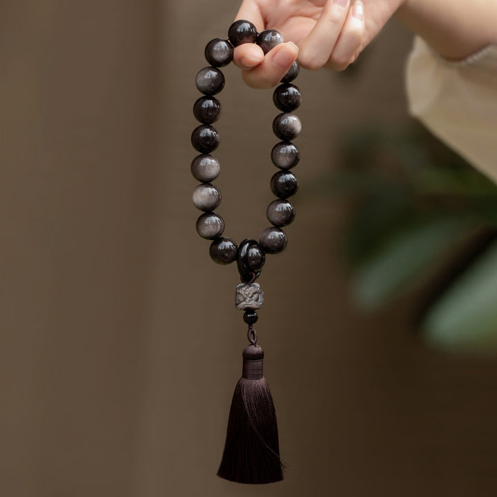 Buddha Stones Naturalny Srebrny Połysk Obsydian Czarny Obsydian Lew Mala Ochrona Nadgarstka Frędzle Kieszonkowa Mala Dekoracja Samochodu