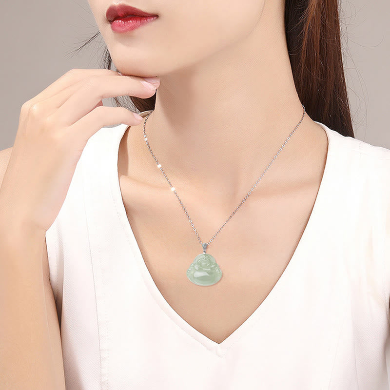 Buddha Stones 925 Srebro Sterling Naturalny Jadeit Śmiejący się Budda Dobrobyt Obfitość Naszyjnik Łańcuch Wisiorek