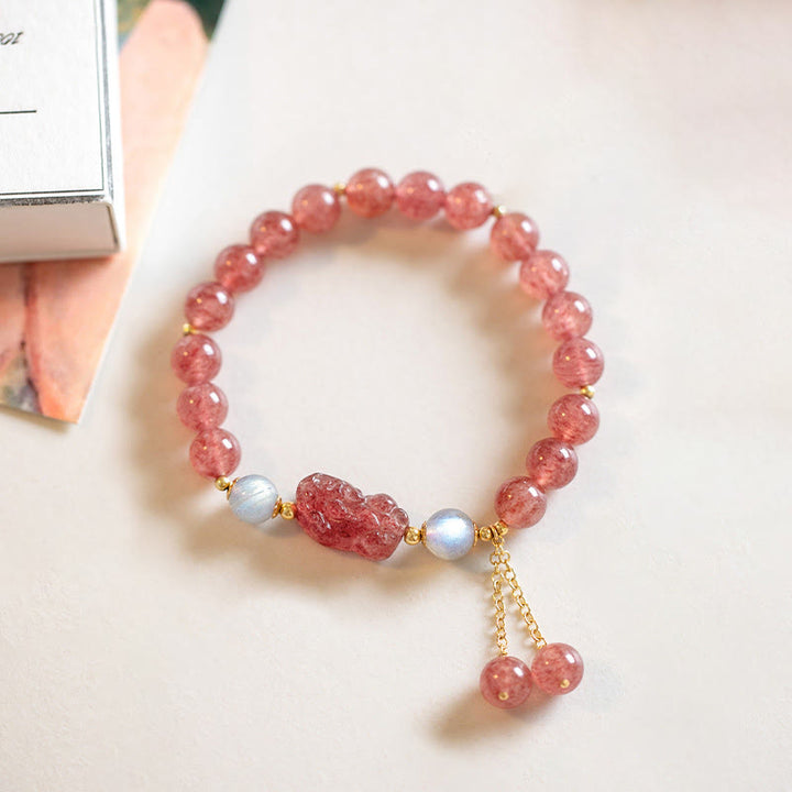 Buddha Stones Naturalny Kwarc Truskawkowy Kamień Księżycowy PiXiu Love Healing Bransoletka