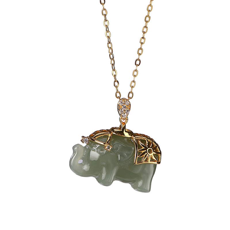 Buddha Stones 925 Srebro Sterlingowe Jade Elephant Blessing Fortune Naszyjnik Łańcuszek Wisiorek