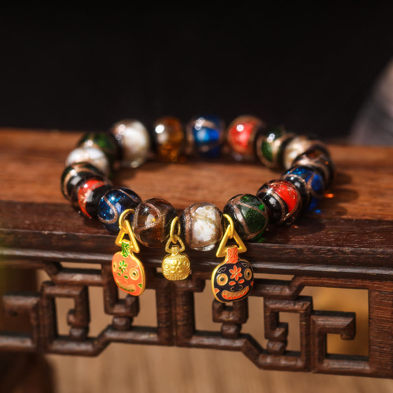 Buddha Stones Pięć Elementów Złota Połykająca Bestia Rodzina Charm Liuli Szklana Koralik Bransoletka Szczęścia