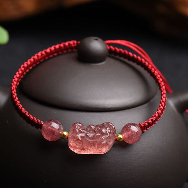 Buddha Stones Naturalny Kwarc Truskawkowy PiXiu Bransoletka Szczęścia Czerwony Sznurek