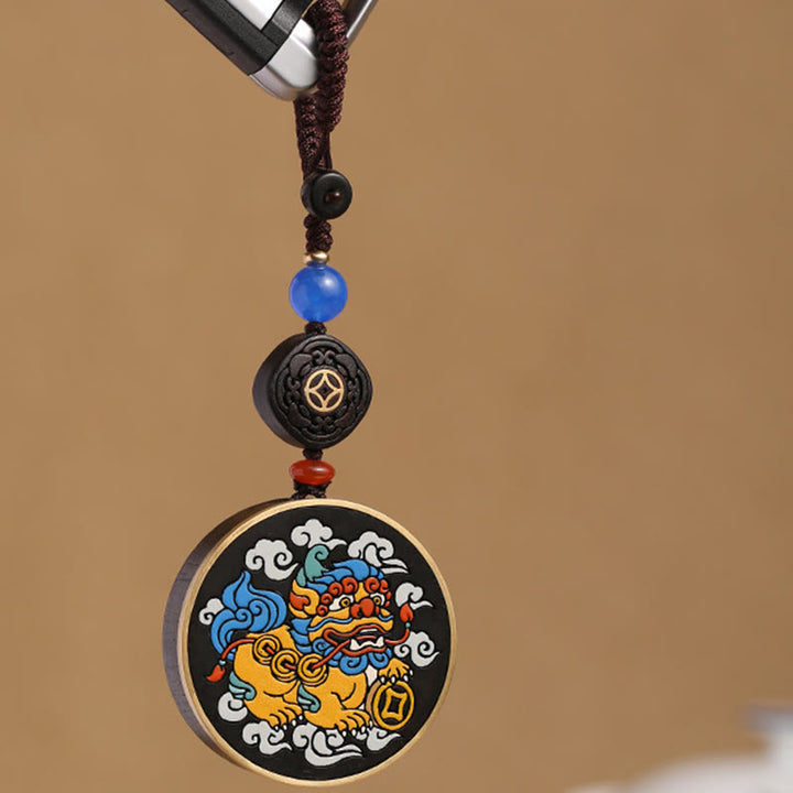Buddha Stones PiXiu Miedziana Moneta Drewno Hebanowe Szczęście Przyciąga Bogactwo Brelok Dekoracja