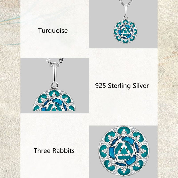 Buddha Stones 925 Srebro Sterling Okrągły Turkus Trzy Króliki Naszyjnik Wisiorek Równowaga
