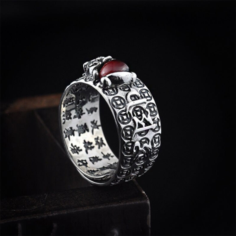 Pierścionek bogactwa z Buddha Stones FengShui PiXiu z czerwonym granatem