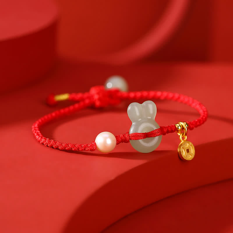925 Srebro Sterling Rok Królika Hetian Jade Miedź Moneta Bogactwo Bransoletka z Czerwonego Sznurka