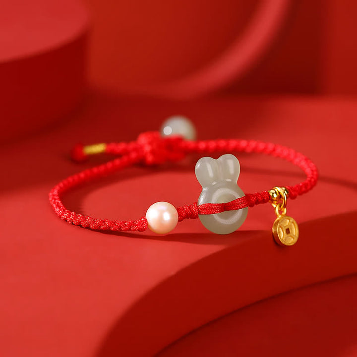 925 Srebro Sterling Rok Królika Hetian Jade Miedź Moneta Bogactwo Bransoletka z Czerwonego Sznurka