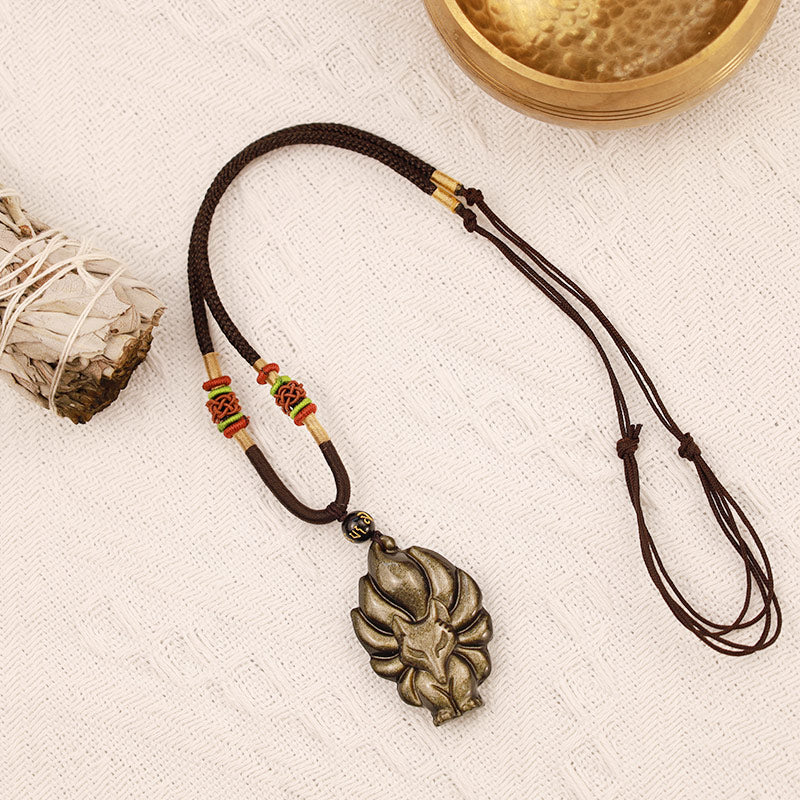 Buddha Stones Naturalny Tęczowy Obsydian Złoty Połysk Obsydian Dziewięcioogonowy Lis Pozytywny Naszyjnik Wisiorek