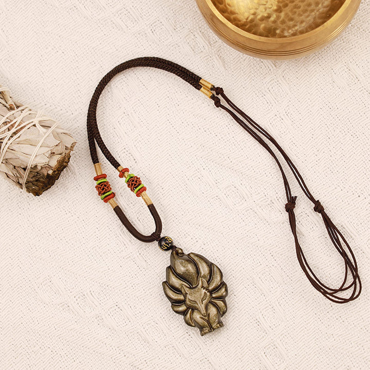 Buddha Stones Naturalny Tęczowy Obsydian Złoty Połysk Obsydian Dziewięcioogonowy Lis Pozytywny Naszyjnik Wisiorek