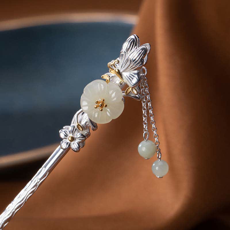 Spinka do włosów z kwiatem błogosławieństwa wykonana ze srebra próby 925 Hetian White Jade - image 11