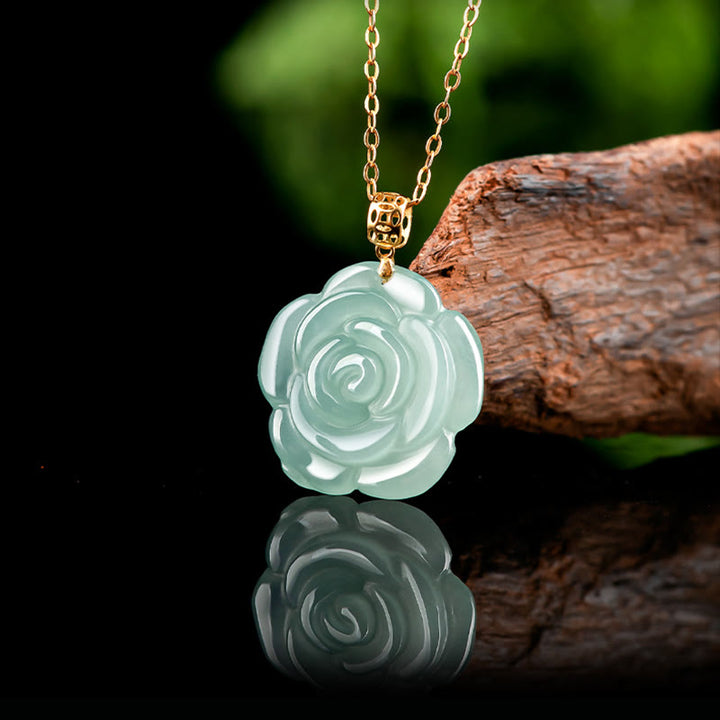 Buddha Stones 18K Złoto 925 Srebro Naturalny Jade Róża Szczęście Naszyjnik Wisiorek