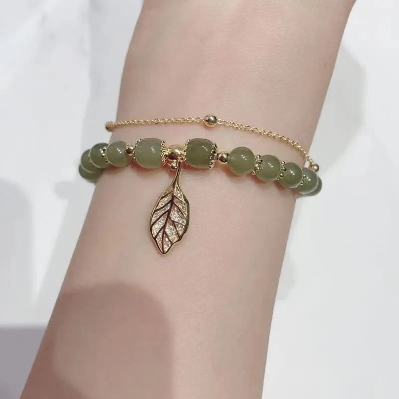 Buddha Stones Jade Liść Miłorząb Tulipan Orzeszek Fu Charakter Szczęścia Bransoletka Koralikowa