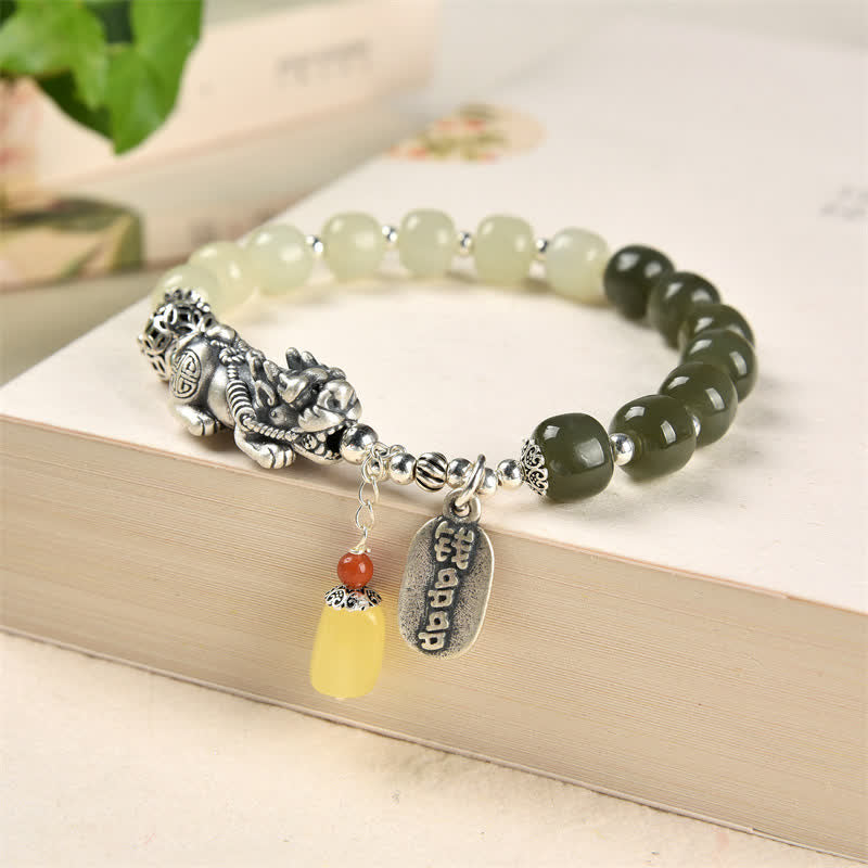 Buddha Stones 925 Srebro Sterling Naturalny Hetian Jade Bursztyn Bransoletka PiXiu Luck