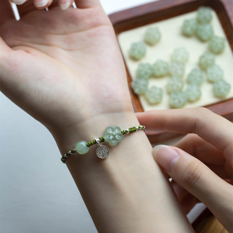 Buddha Stones Ręcznie Robione Plum Blossom Kwiat Jadeit Szczęście Dobrobyt Bransoletka Pleciona