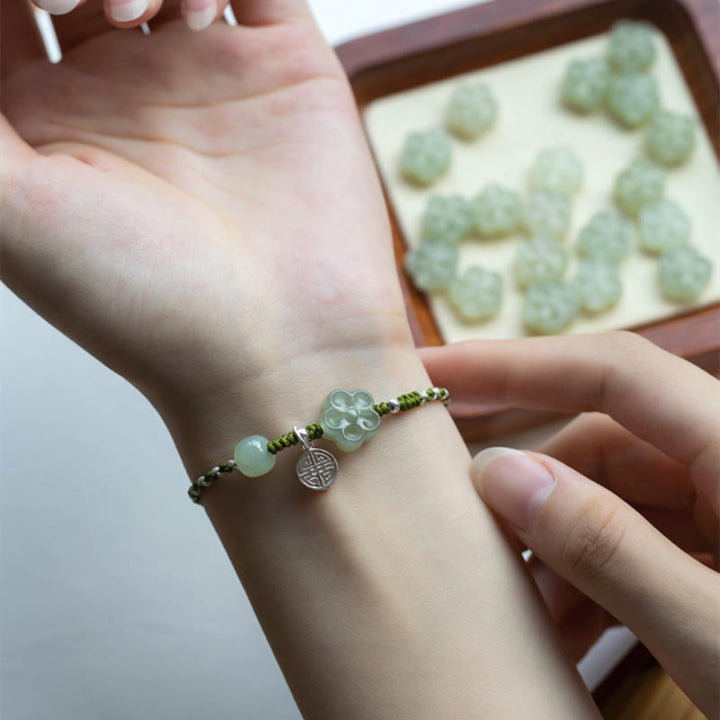 Buddha Stones Ręcznie Robione Plum Blossom Kwiat Jadeit Szczęście Dobrobyt Bransoletka Pleciona