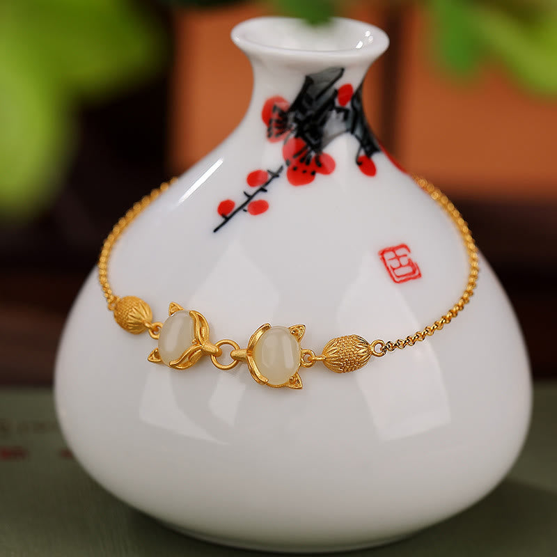 Buddha Stones 925 Srebro Sterling Naturalny Hetian Biały Jadeit Cyjan Jade Piękna Bransoletka Szczęścia Lisa - image 6