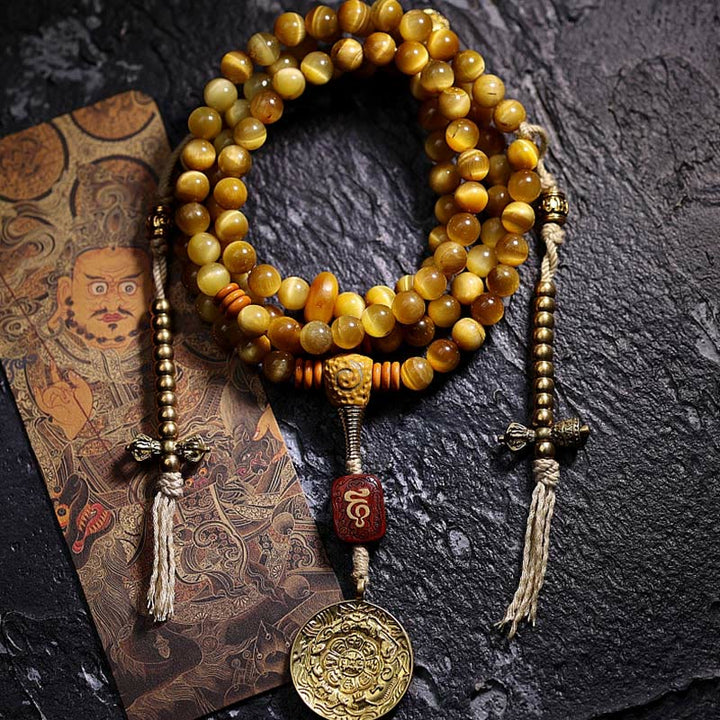 Buddha Stones 108 Mala Koraliki Naturalne Tygrysie Oko Miedź Dorje Ochrona Bransoletka z Chwostem